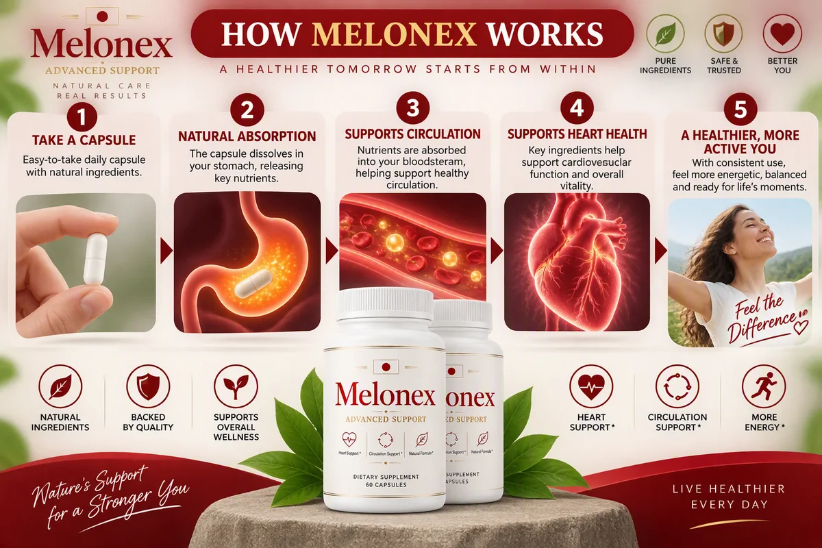 How Melonex works: take a capsule, natural absorption, supports circulation, supports heart health, a healthier more active you